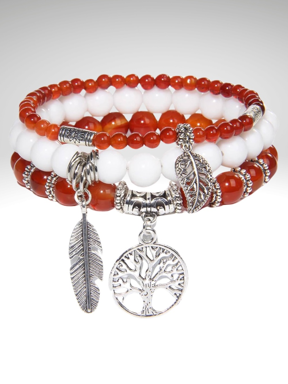 3PC Red White Beaded Stretch Bracelet Set Tree of Life Charms (SKU: 18MI)